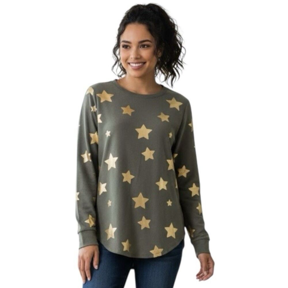Chaser Sweatshirt Women's Sz Med Long Sleeve "Stars All Over" Green Beach Jumper